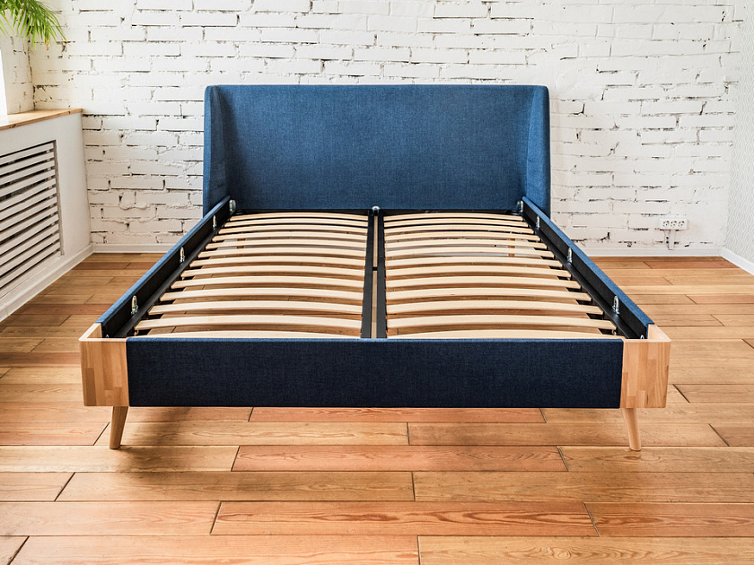 Кровать Lagom Side Soft 90x190 Ткань/Массив (бук) Лама Индиго/Масло-воск Natura (Бук) - Оригинальная кровать в обивке из мебельной ткани.