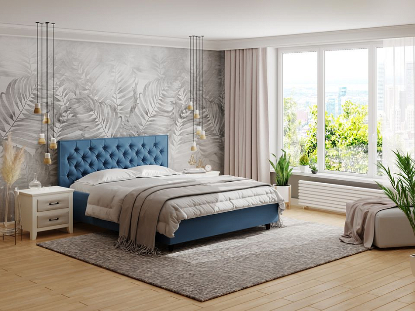 Кровать Teona 160x200 Ткань: Рогожка Тетра Голубой - Кровать с высоким изголовьем, украшенным благородной каретной пиковкой.